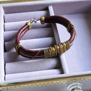 Vintage Ethnic Artesian Leather Copper Rope Twist Adjustable Bracelet